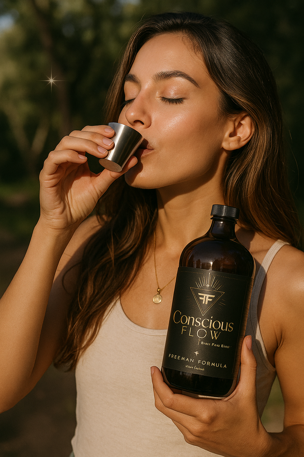 Conscious Flow bottle held by mindful woman in yoga attire during a morning ritual