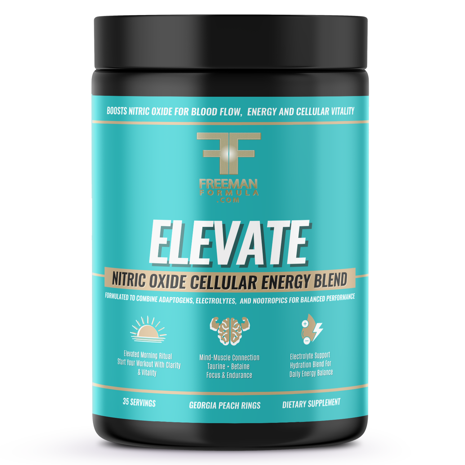 Supplement container labeled 'Elevate' by Freeman Sports Nutrition on a white background