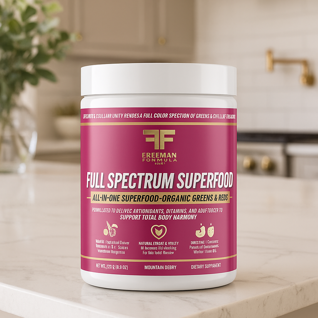 Freeman Formula Full Spectrum Superfood on white marble kitchen counter – lifestyle image