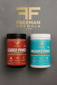 Thumbnail for Two pre-workout supplement containers from Freeman Formula on a gray background.