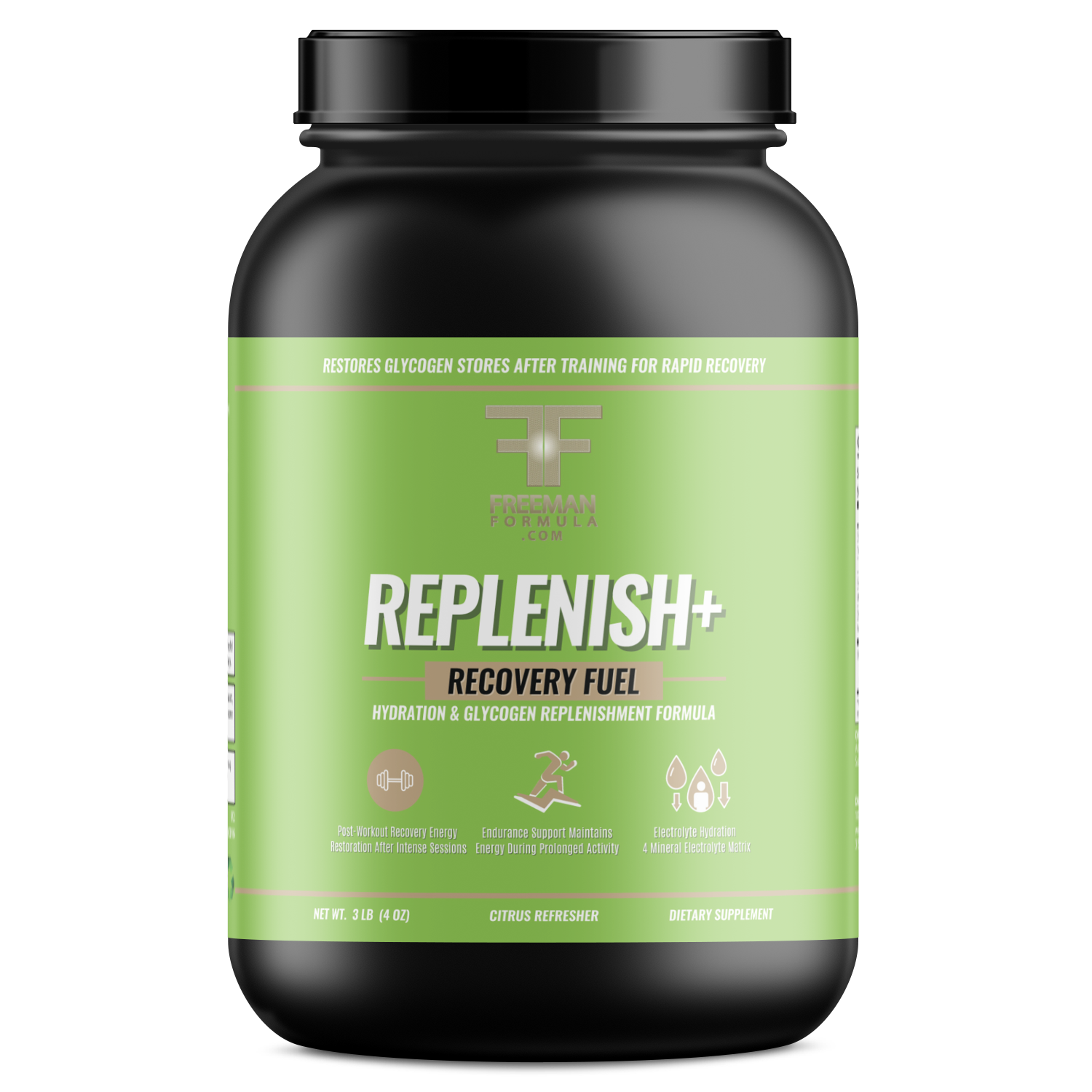 A sleek, black cylindrical bottle mockup labeled “Replenish”  Recovery Fuel from Freeman Formula is styled in a minimalist flat lay. The label features refined gold typography and subtle elemental graphics, evoking hydration, recovery, and scientific nourishment.