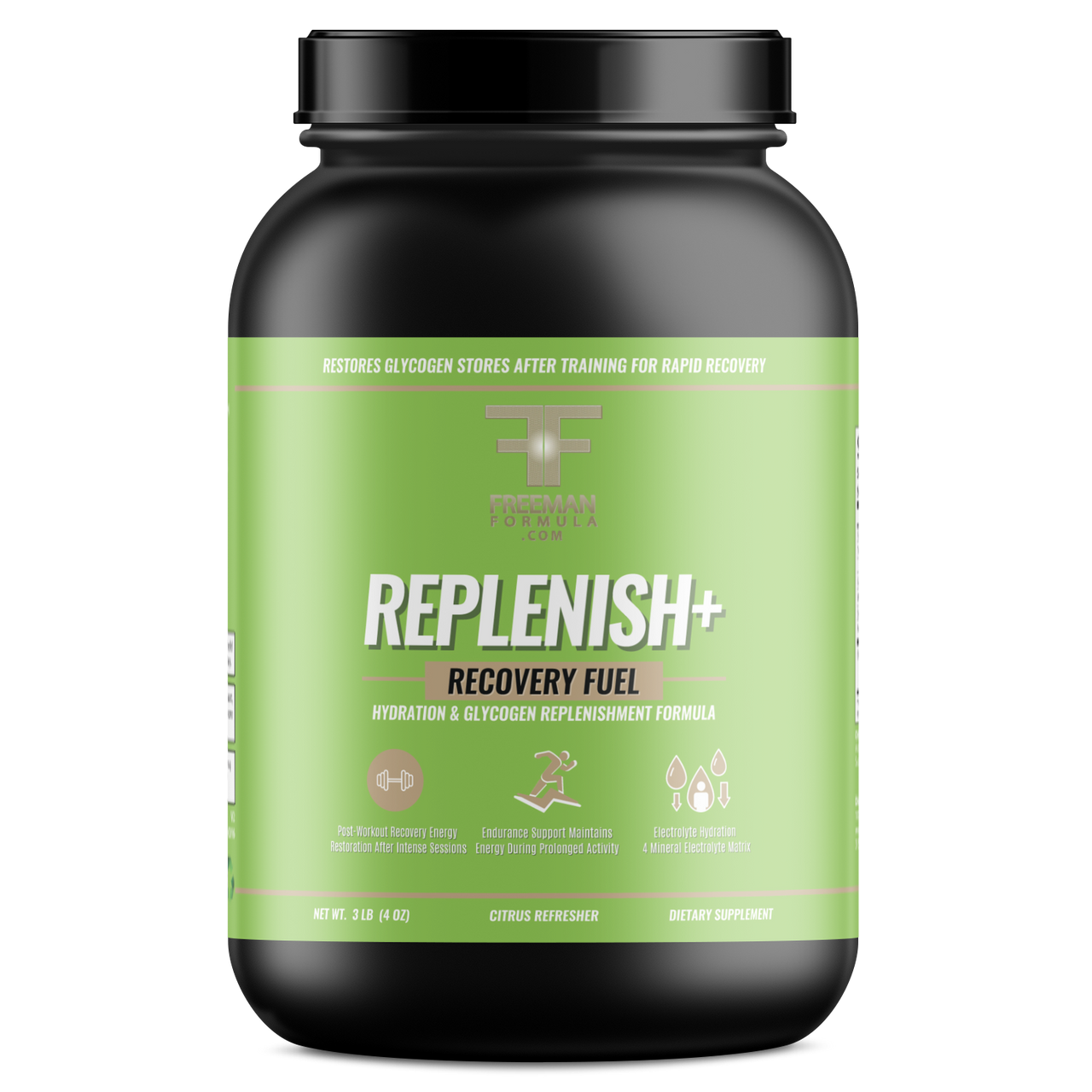 A sleek, black cylindrical bottle mockup labeled “Replenish”  Recovery Fuel from Freeman Formula is styled in a minimalist flat lay. The label features refined gold typography and subtle elemental graphics, evoking hydration, recovery, and scientific nourishment.