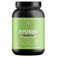 Thumbnail for A sleek, black cylindrical bottle mockup labeled “Replenish”  Recovery Fuel from Freeman Formula is styled in a minimalist flat lay. The label features refined gold typography and subtle elemental graphics, evoking hydration, recovery, and scientific nourishment.