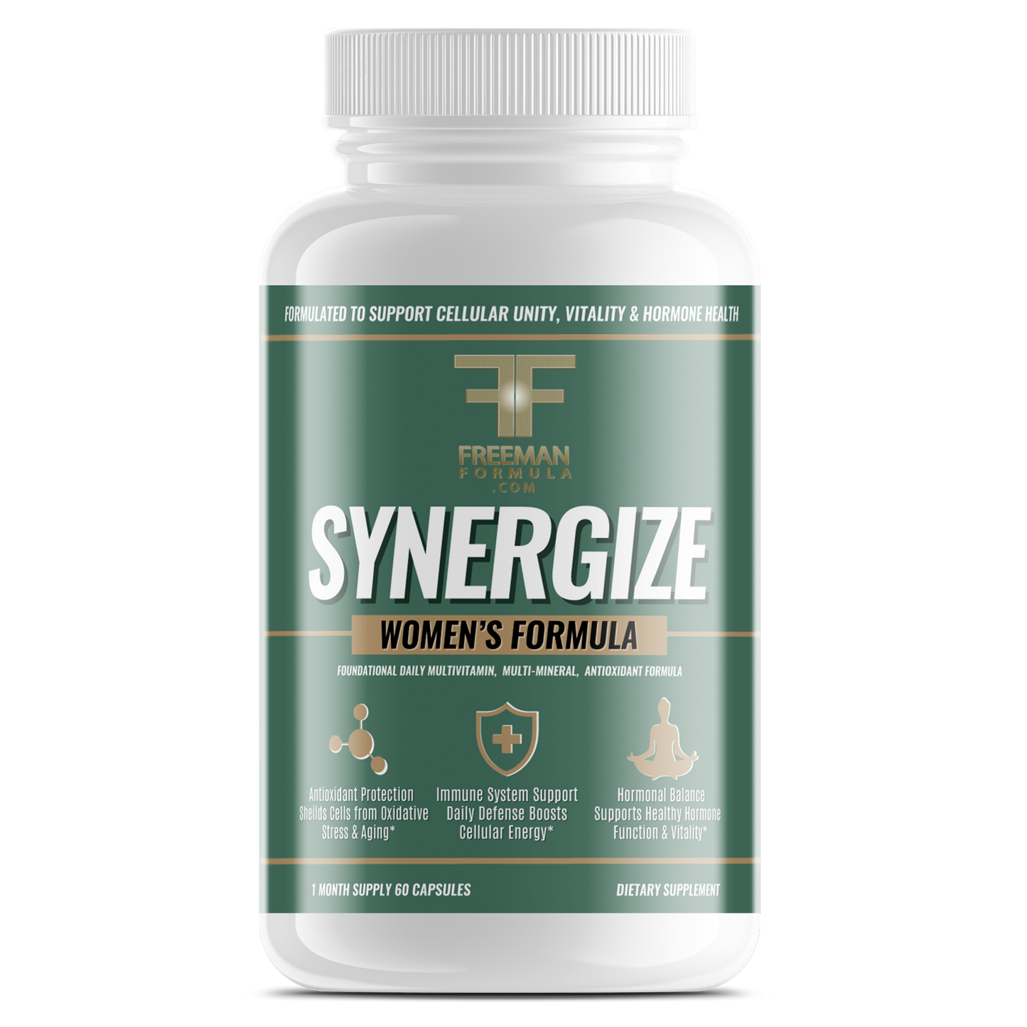 Supplement bottle labeled 'Synergize Women's Formula' by Freeman Formula on a white background
