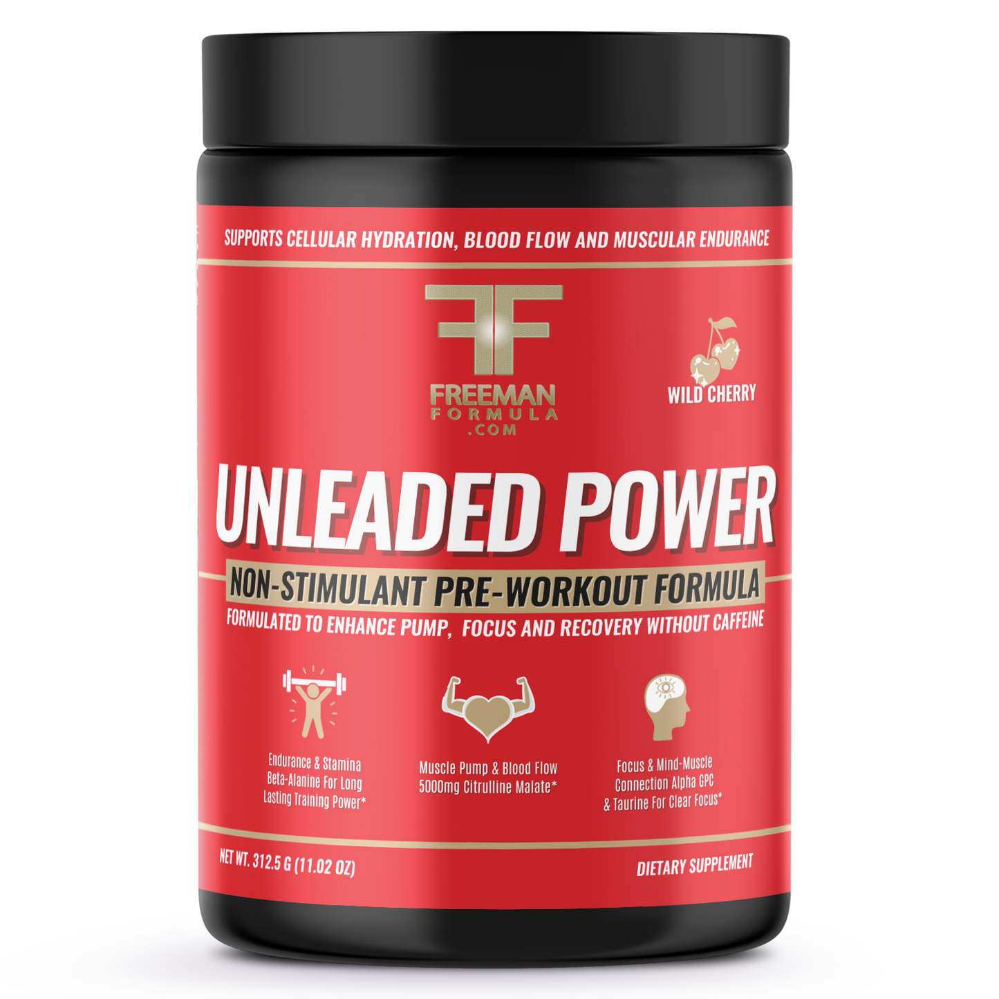 Freeman Formula Unleaded Power non-stimulant pre-workout formula bottle designed to boost energy, strength, and focus without caffeine or jitters. 