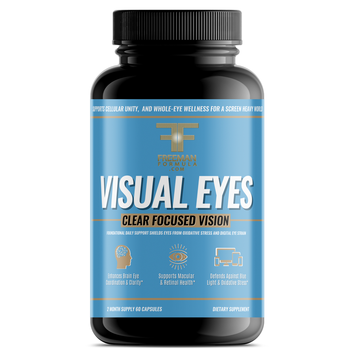 Supplement bottle labeled 'Visual Eyes' on a white background