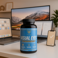 Thumbnail for Bottle of 'Visual Eyes' supplement on a desk with electronic devices in the background