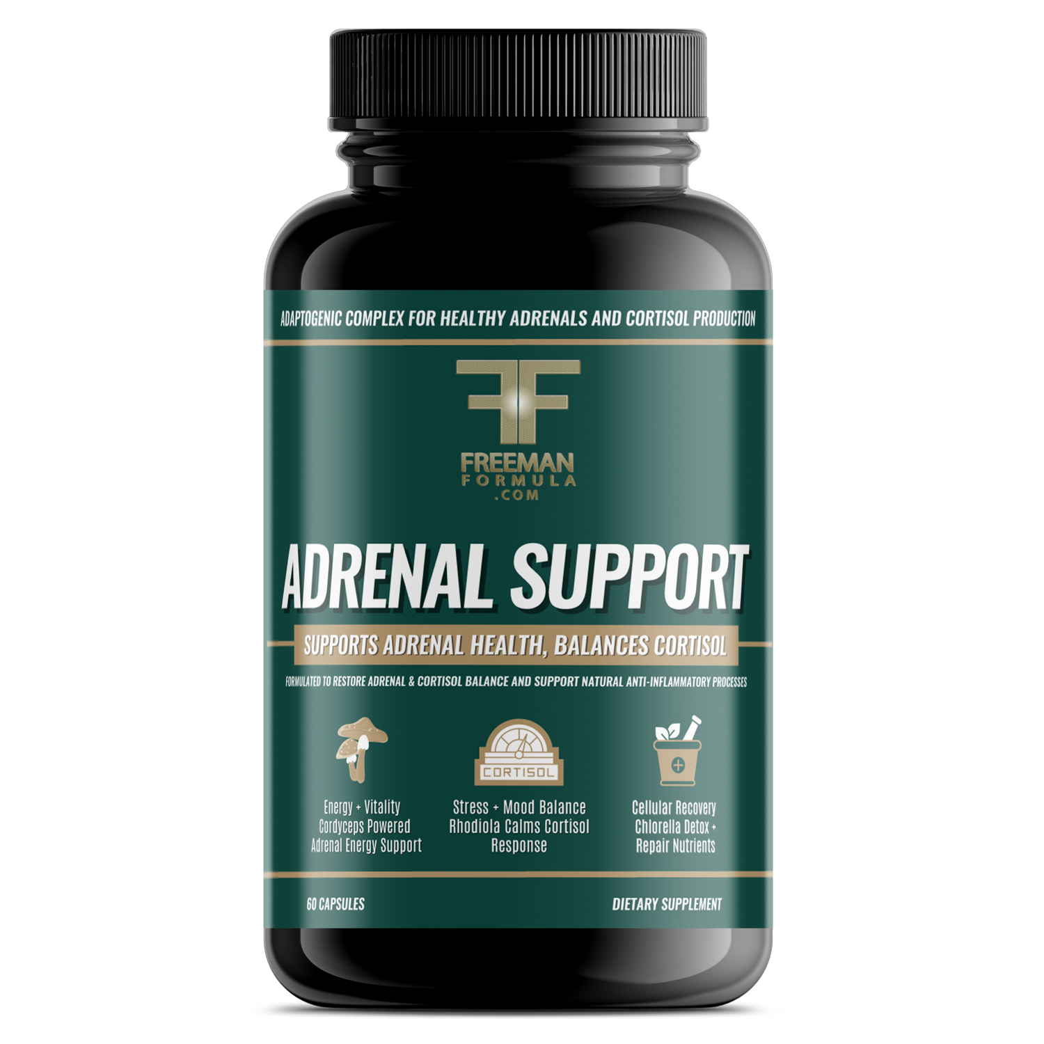 Freeman Formula Adrenal Support supplement promotes adrenal health, balances cortisol levels, reduces stress, and supports sustained energy and focus.