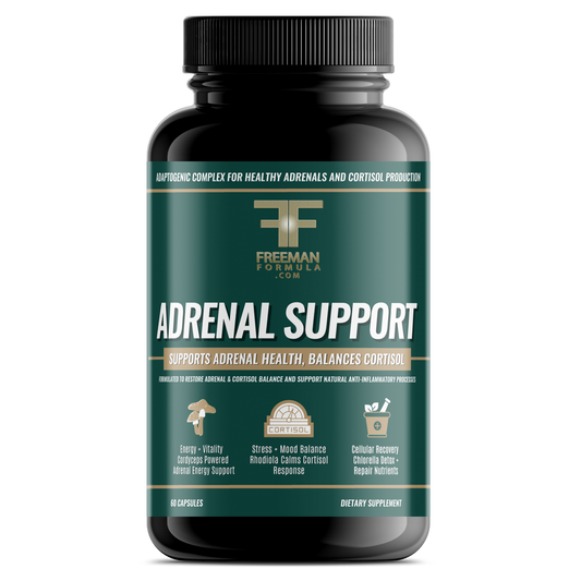 Freeman Formula Adrenal Support supplement promotes adrenal health, balances cortisol levels, reduces stress, and supports sustained energy and focus.