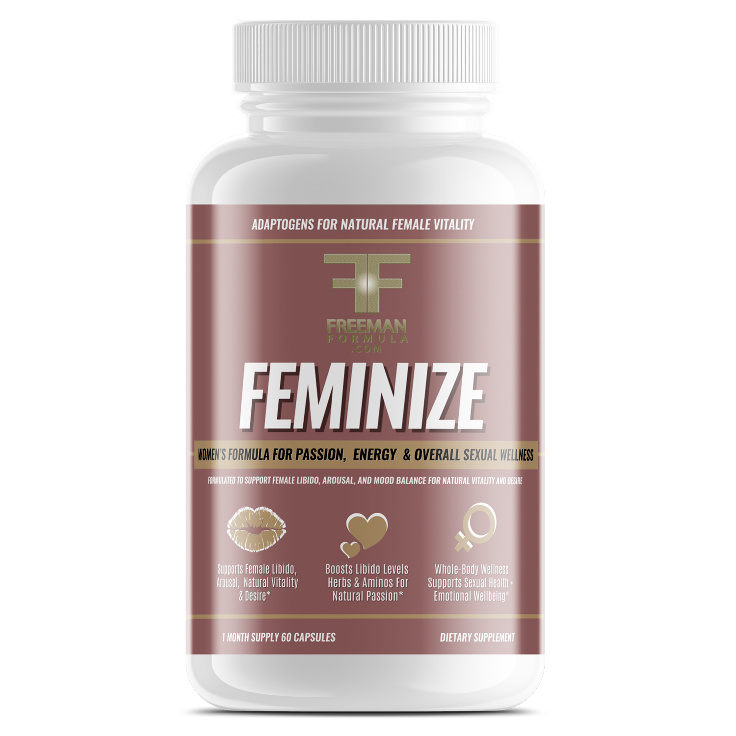 Bottle of Freeman Formula Feminize women's vitality supplement designed to boost energy, balance hormones, and support female wellness.