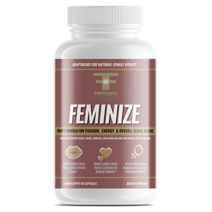 Bottle of Freeman Formula Feminize women's vitality supplement designed to boost energy, balance hormones, and support female wellness.