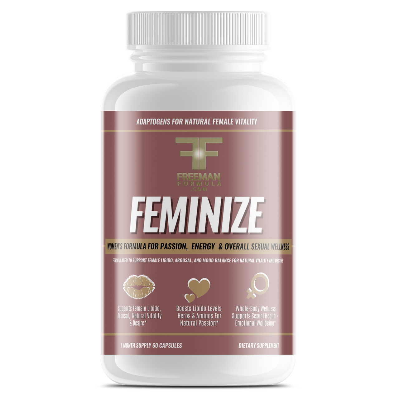 Bottle of Freeman Formula Feminize women's vitality supplement designed to boost energy, balance hormones, and support female wellness.