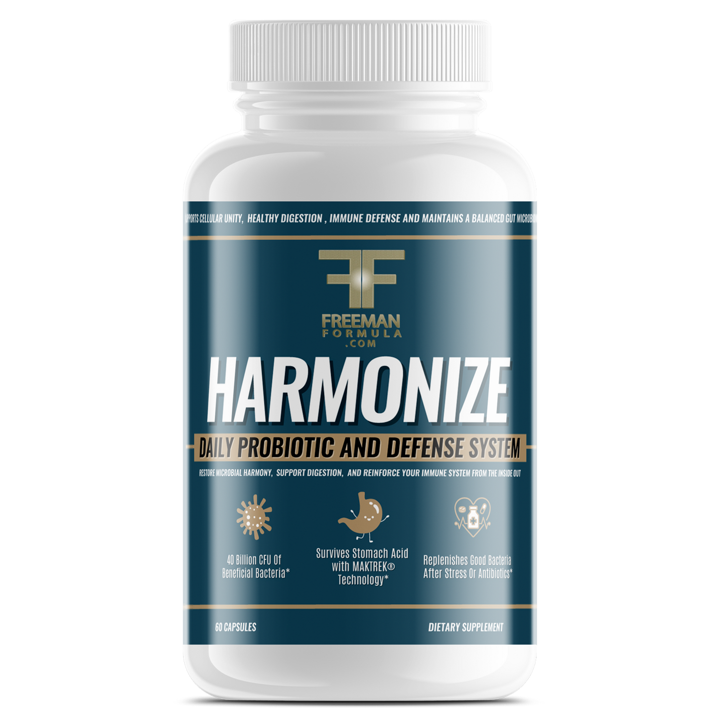 Freeman Formula Harmonize Daily Probiotic and Defense System supplement bottle designed to support gut health, strengthen immune defense, and promote digestive balance.