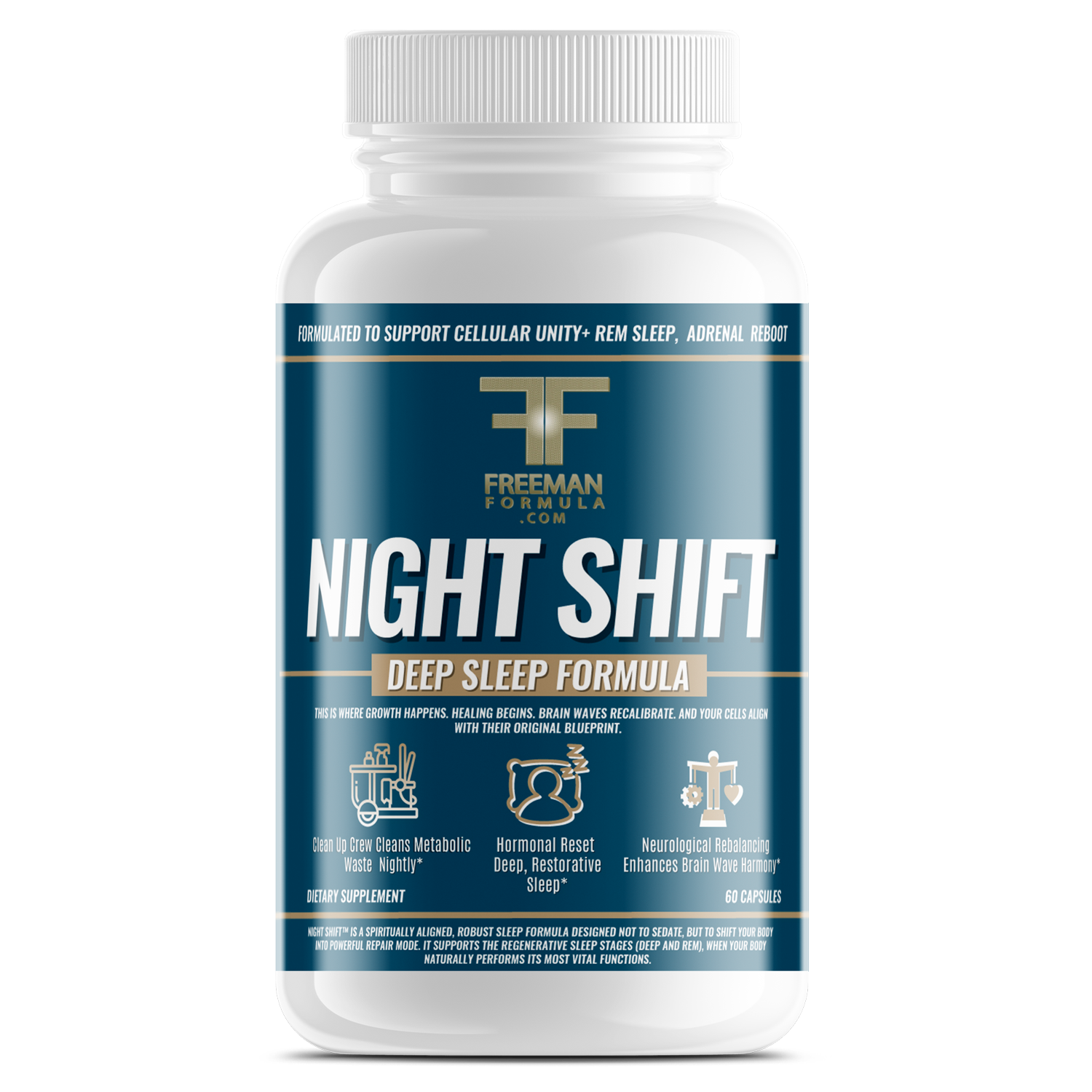Freeman Formula Night Shift Deep Sleep Formula supplement bottle designed to promote deep restorative sleep, reduce nighttime stress, and support relaxation.