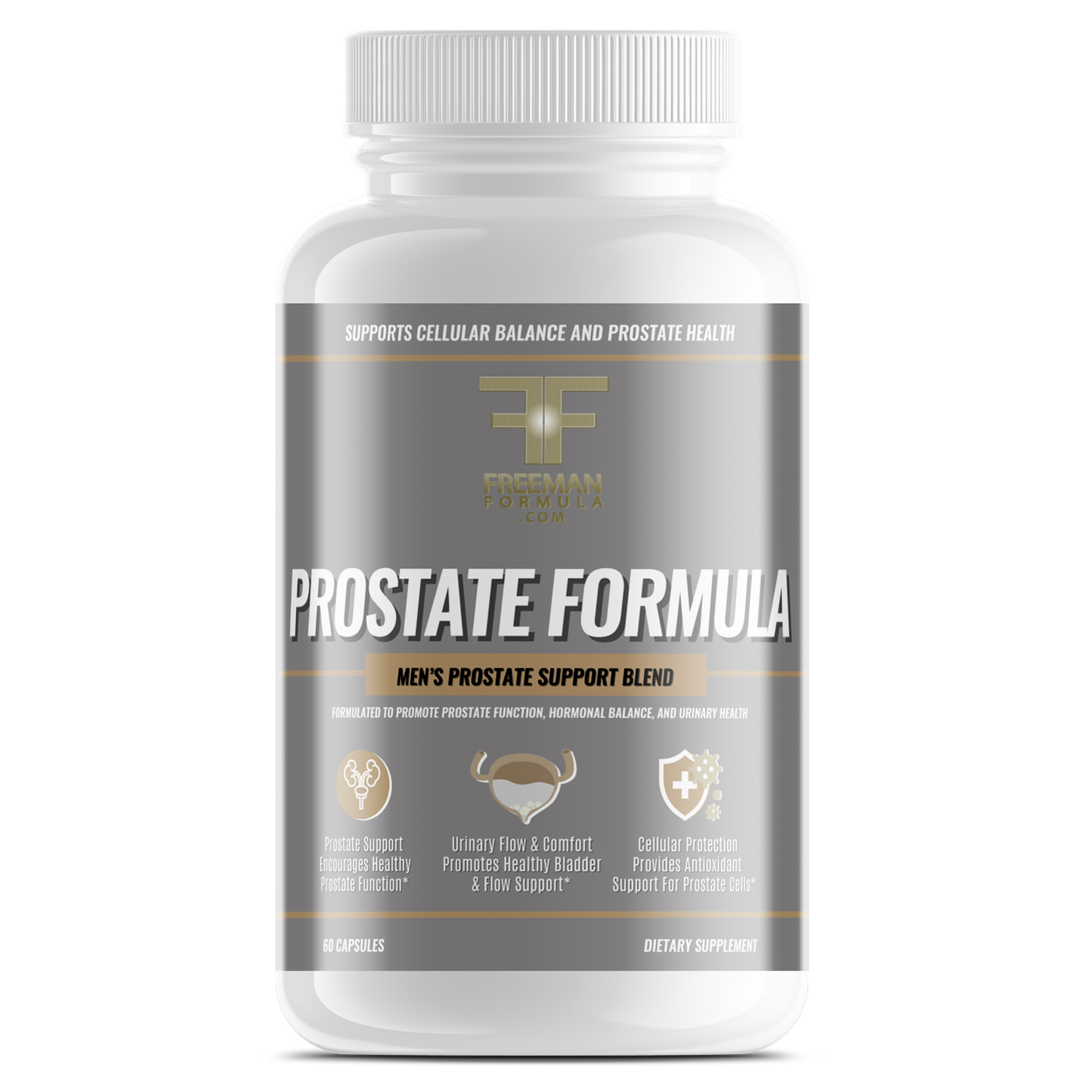Bottle of Freeman Formula Prostate Formula men's supplement designed to support prostate function, hormonal balance, and urinary health.