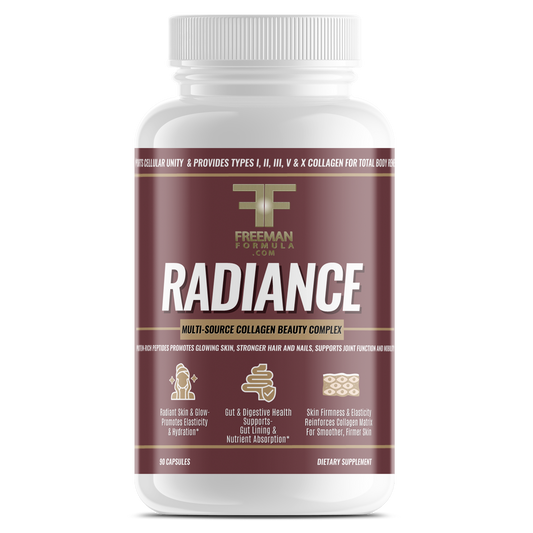 Freeman Formula Radiance Multi-Source Collagen Beauty Complex supplement bottle, formulated to support healthy skin, hair, nails, and joint elasticity.