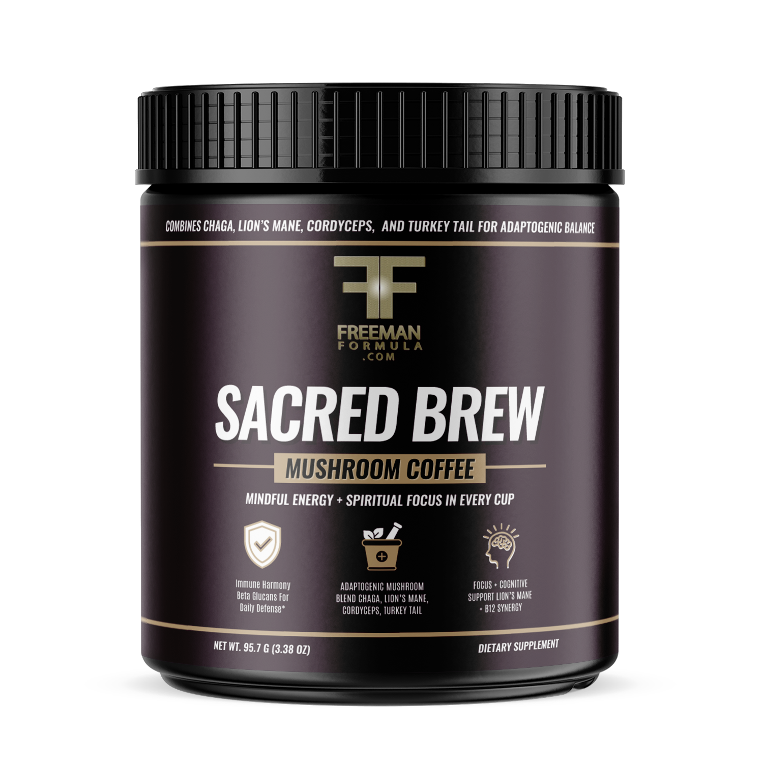 Freeman Formula Sacred Brew mushroom coffee blend made with adaptogenic mushrooms to boost focus, energy, and immunity without caffeine crashes.