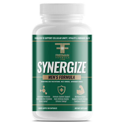 Freeman Formula Synergize Men’s Formula supplement bottle designed to support immune health, hormone balance, and daily vitality.
