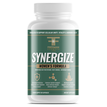 Bottle of Freeman Formula Synergize Women's Formula multivitamin supplement designed to support hormone balance, immune health, and cellular energy.