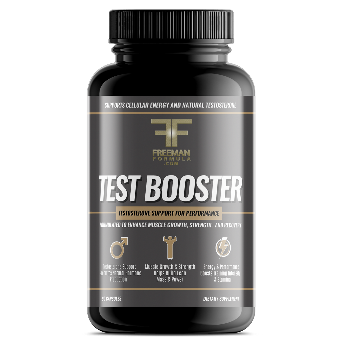Freeman Formula Test Booster supplement bottle designed to support natural testosterone, muscle growth, strength, and performance recovery.
