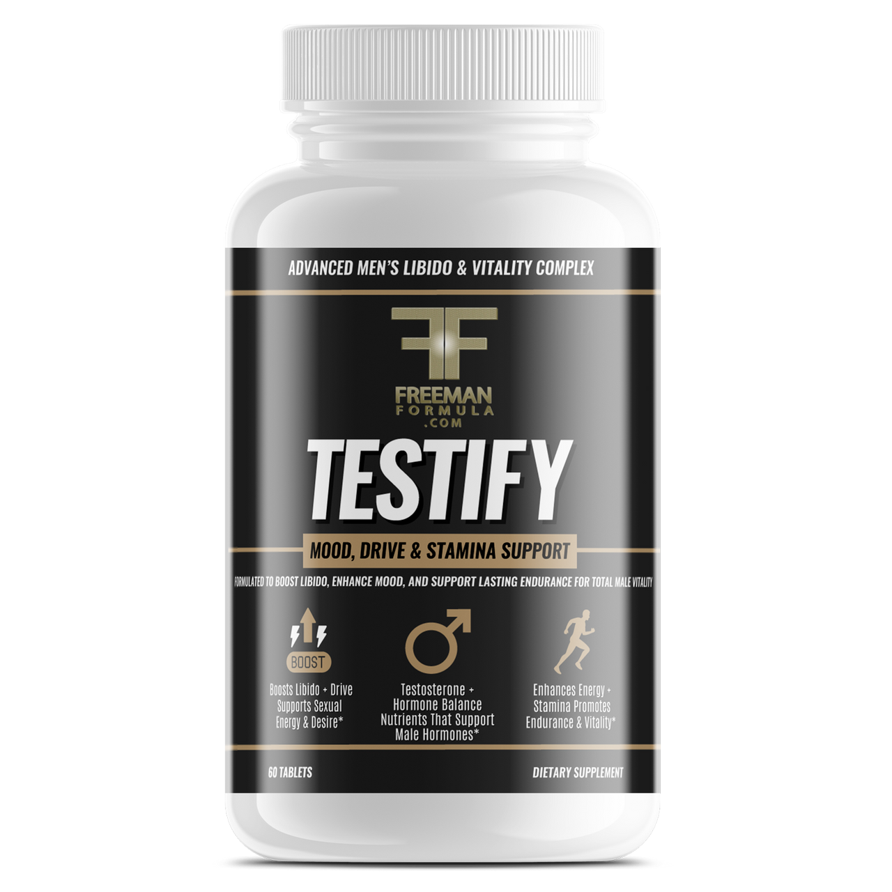 Bottle of Freeman Formula Testify men's supplement designed to boost libido, enhance mood, and support stamina and testosterone balance.