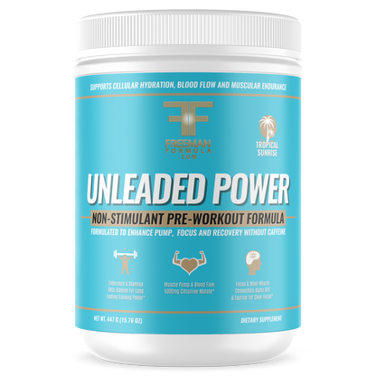 Freeman Formula Unleaded Power non-stimulant pre-workout formula designed to boost energy, strength, and focus without caffeine or jitters.