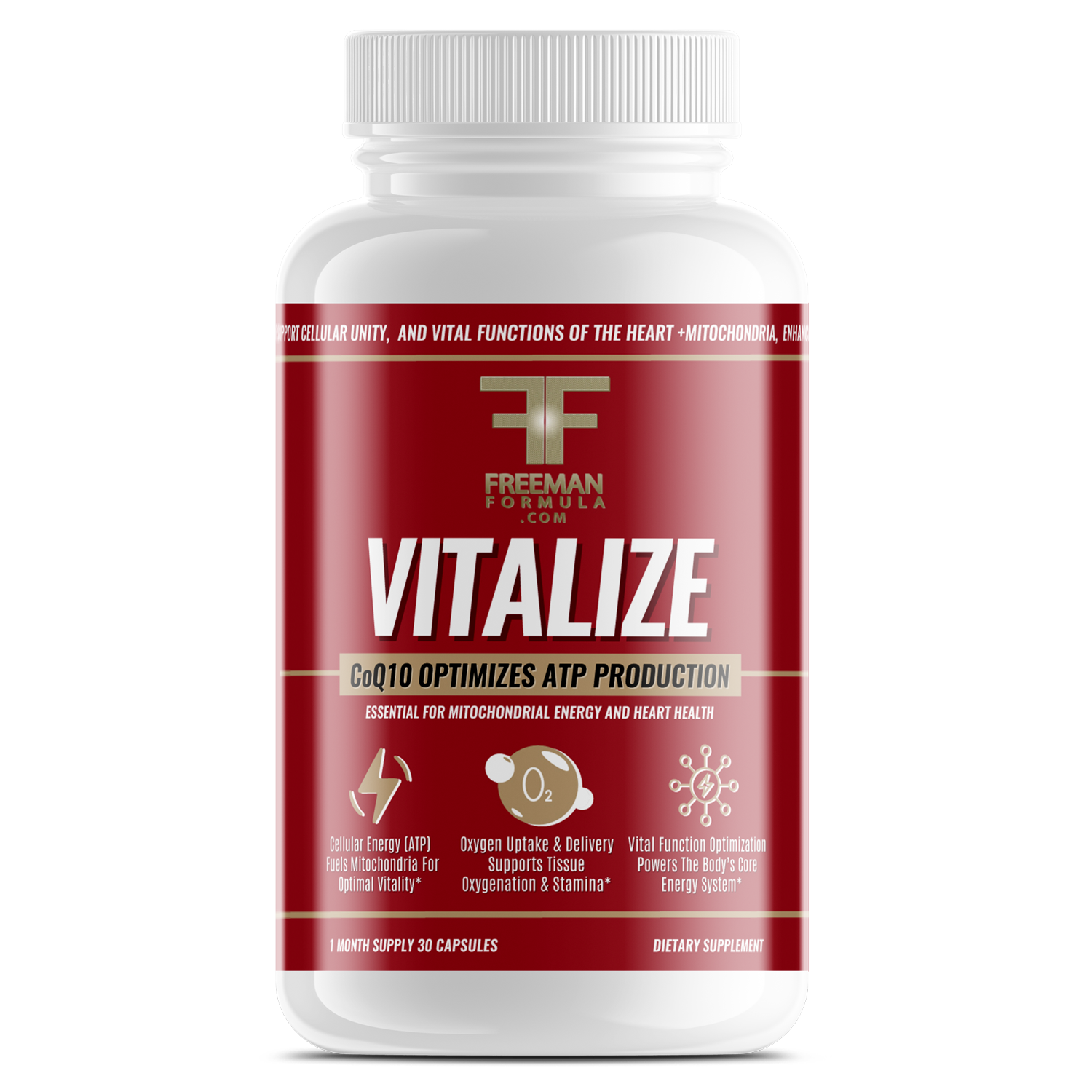 Freeman Formula Vitalize CoQ10 supplement bottle designed to optimize ATP production, support cellular energy, and promote heart health.