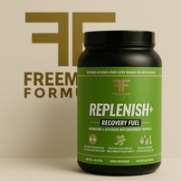 Thumbnail for A sleek black bottle of Freeman Formula Synergize is showcased on a cream background, with a large gold FF logo behind it. The minimalist, flat lay composition emphasizes luxury and brand identity.
