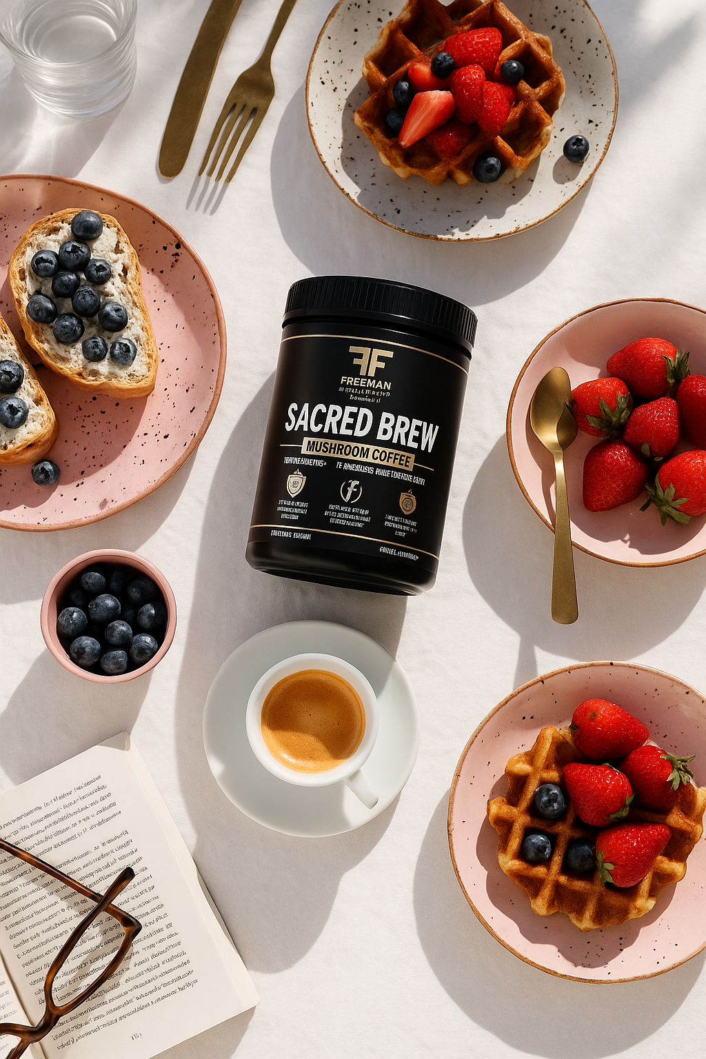 Sacred Brew mushroom coffee container with breakfast items on a white surface